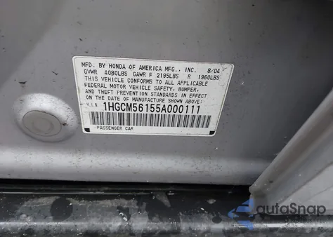 2005 Honda Accord 2.4 Dx/Dx Vp z USA, uszkodzony, nr VIN 1HGCM56155A000111